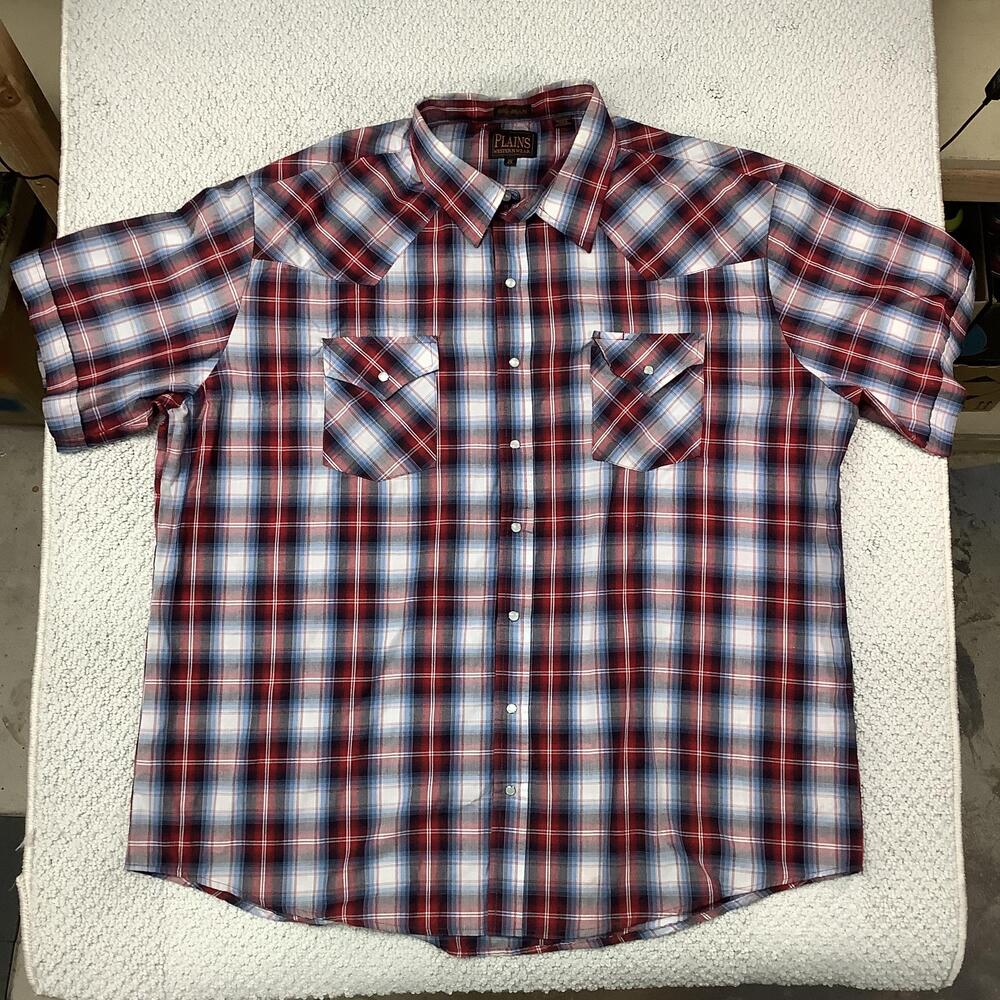 Plains Western Wear Shirt Mens 2XL Red Blue Plaid Pearl Snap Western Big Man